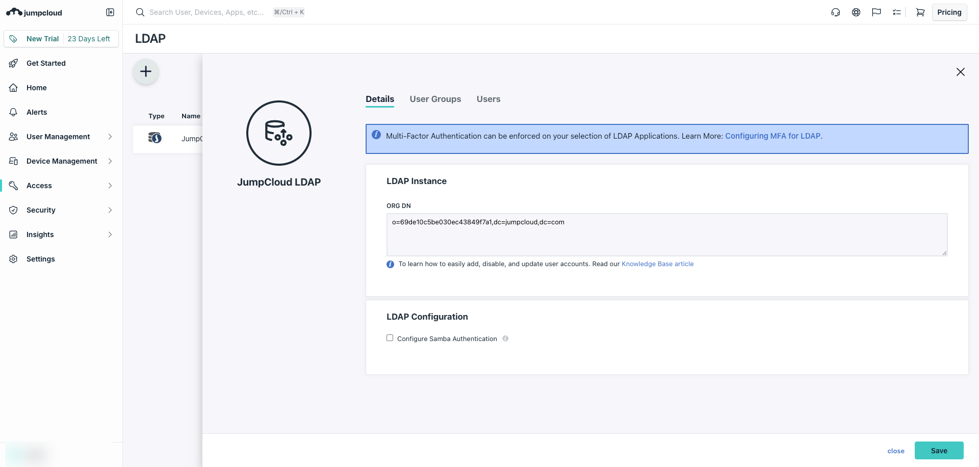 JumpCloud LDAP Directory 詳細ページ