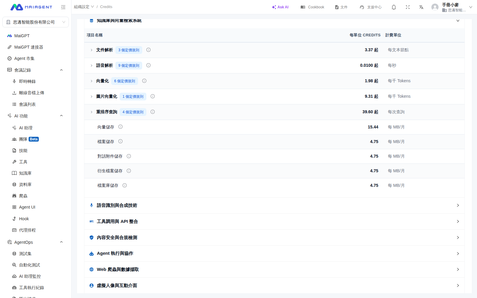 Credits の課金方式にある対話添付ファイルストレージと派生ファイルストレージの項目